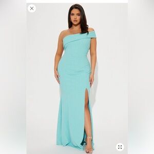 Fashion Nova Aqua One-Shoulder Maxi Dress